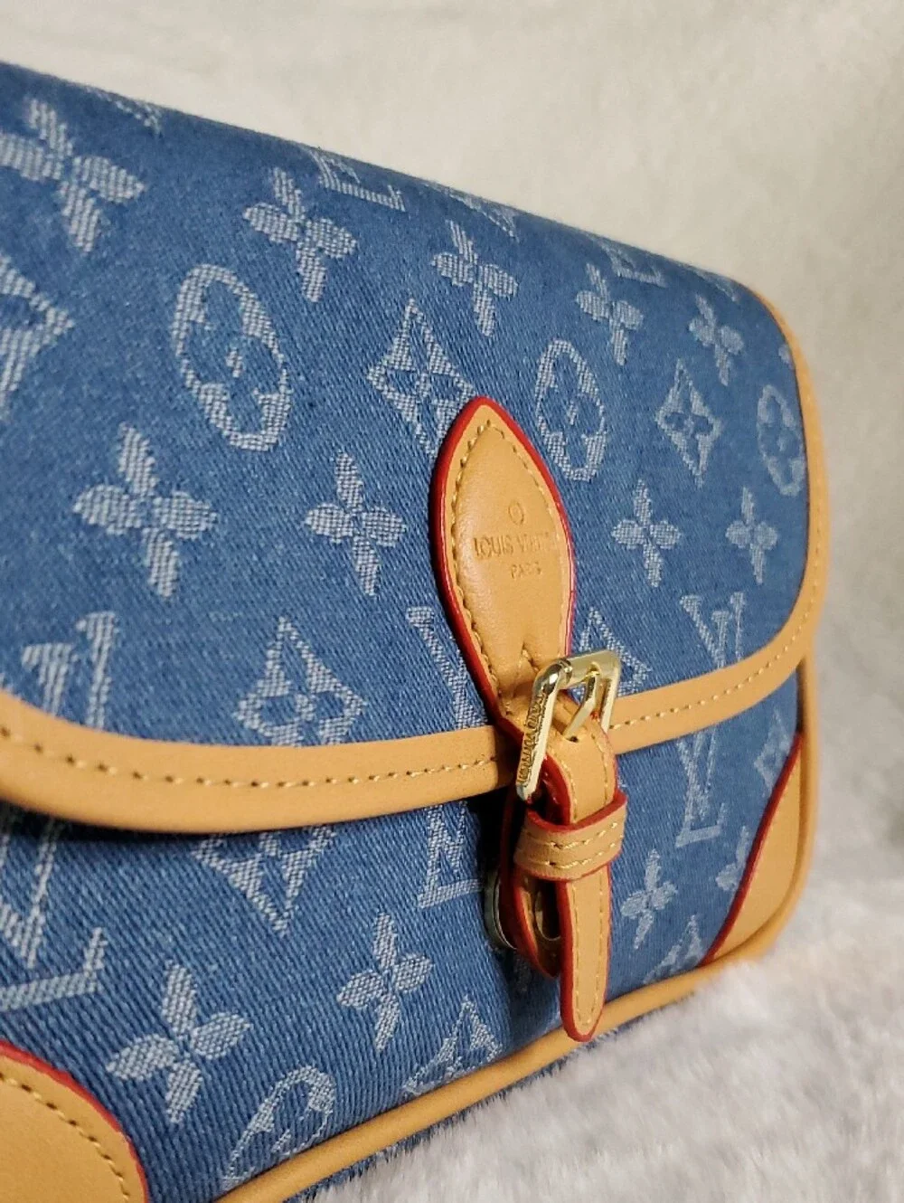 Blue Monogram Denim Crossbody with Tan Trim and Pink Accent Strap